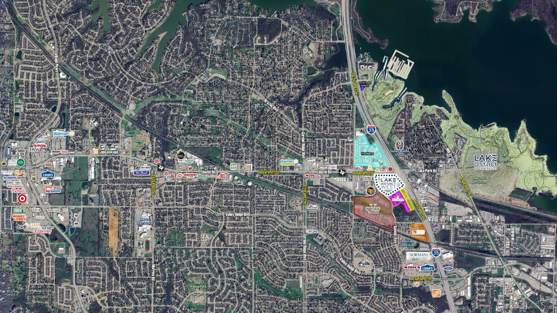 Aerial map of Lewisville showing the Lake District West site at I-35 and Justin Road